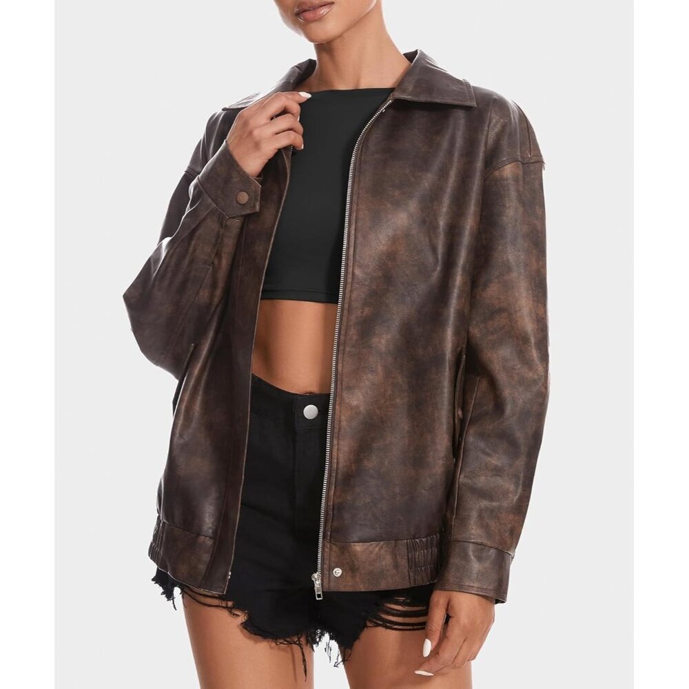 Women's Brown Faux Leather Jacket Oversized Motorcycle Zipper Bomber Coats - Picture 2 of 6